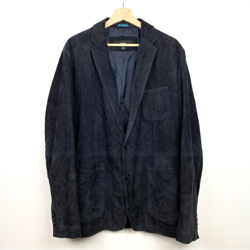 Hugo Boss Goat Leather Blazer Jacket Black Sz 44R 2 Buttons Pockets Quiet Luxury